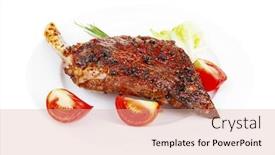  Presentation with shoulder - Colorful PPT layouts enhanced with savory on white plate grilled meat shoulder with tomato and chives isolated on white background backdrop and a lemonade colored foreground