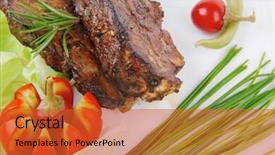  Presentation with ribs - PPT layouts featuring savory plate grilled ribs on white plate with chives red hot peppers lettuce isolated white background background and a red colored foreground