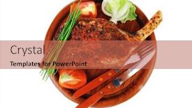  Presentation with shoulder - Amazing slide deck having savory plate on wood grilled shoulder on plate with chives and tomato isolated on white background backdrop and a red colored foreground