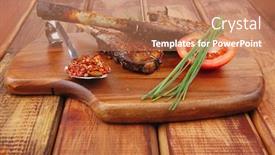  Presentation with ribs - Audience pleasing presentation theme consisting of savory plate on wood grilled ribs on plate with chives and tomato isolated on wooden table backdrop and a coral colored foreground