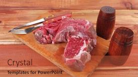  Presentation with raw meat - Amazing slide set having savory red raw beef meat steak on wooden cutting board prepared for roasting backdrop and a red colored foreground