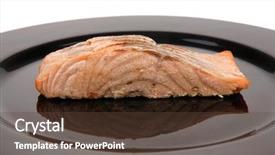  Presentation with salmon dish - Slide deck having savory sea fish entree roasted salmon fillet with green onion on black dish isolated over white background background and a tawny brown colored foreground