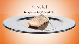  Presentation with salmon dish - Slide deck enhanced with savory sea fish entree roasted salmon fillet with green onion on black dish isolated over white background background and a lemonade colored foreground