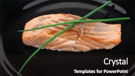  Presentation with salmon dish - Colorful PPT theme enhanced with savory sea fish entree roasted salmon fillet with green onion on black dish isolated over white background backdrop and a wine colored foreground