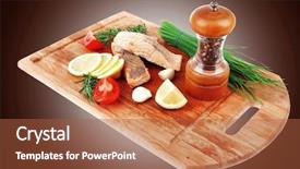  Presentation with sea glass - Colorful slide set enhanced with savory sea fish entree roasted salmon fillet with green onion red cherry tomatoes pieces glass pepper grinder rosemary twigs and lemon on wooden board isolated on white background backdrop and a red colored foreground