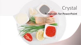  Presentation with soybean - Cool new PPT layouts with savory sea fish entree roasted salmon strips with green onion red caviar mayonnaise and soybean sauces and tomatoes on white dish isolated over white background backdrop and a white colored foreground