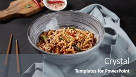  Presentation with fried chicken - PPT theme with savory-udon-noodles-stir-fried background and a gray colored foreground