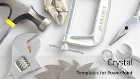  Presentation with hand tools - Slides consisting of saw blade - array of assorted hand tools background and a light gray colored foreground