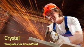  Presentation with blade - PPT theme consisting of saw blade - worker cutting metal background and a tawny brown colored foreground