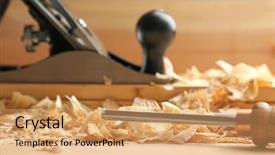  Presentation with chisel - Beautiful PPT theme featuring saw dust on wooden table backdrop and a coral colored foreground