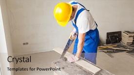  Presentation with people helping each teamwork couple - PPT theme having saw sawing board on table background and a coral colored foreground