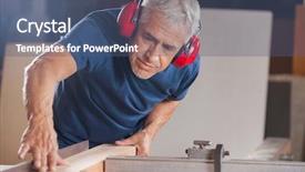  Presentation with carpenter - Amazing PPT theme having saw table - concentrated senior male carpenter cutting backdrop and a ocean colored foreground