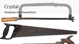  Presentation with old wood - Slide deck with saws for wood and metal background and a white colored foreground