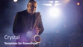  Presentation with stage - Presentation design consisting of saxophone-player-on-stage-portrait background and a ocean colored foreground