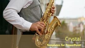  Presentation with music - PPT layouts with saxophonist-playing-music-outdoors-closeup background and a tawny brown colored foreground