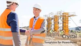  Presentation with shaking hands - Presentation theme featuring scaffold safety - engineers shaking hands at construction background and a coral colored foreground