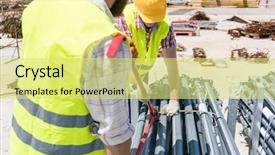  Presentation with employees working together - Presentation theme enhanced with scaffold safety - two efficient blue-collar employees preparing background and a  colored foreground