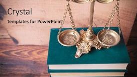  Presentation with law books - Amazing PPT theme having scale on top of law backdrop and a coral colored foreground