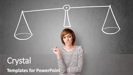  Presentation with decision - Beautiful slides featuring scales balance - pretty young lady taking backdrop and a gray colored foreground