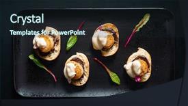  Presentation with appetizer - PPT layouts enhanced with scallop appetizers with sauce background and a wine colored foreground