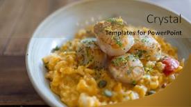  Presentation with restaurant - Presentation theme consisting of scallop-risotto-dish-in-restaurant background and a coral colored foreground
