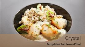  Presentation with haute cuisine - Theme enhanced with scallop-with-green-buckwheat-closeup background and a gold colored foreground
