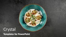  Presentation with tomato - Presentation design consisting of scallops-in-a-creamy-mousse and a dark gray colored foreground