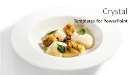  Presentation with main course - Colorful presentation theme enhanced with scallops-in-crispy-breading-close backdrop and a white colored foreground