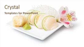  Presentation with manufacturingsteel plate - Amazing presentation design having scallops sashimi with withe plate backdrop and a  colored foreground