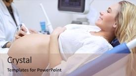  Presentation with body - Cool new slides with scan body - cheerful pregnant woman on ultrasound backdrop and a coral colored foreground