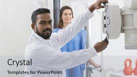  Presentation with radiologist - Audience pleasing PPT layouts consisting of scan chest - radiologist adjusting x-ray machine backdrop and a light blue colored foreground