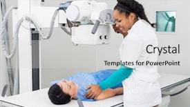  Presentation with radiologist - Slide deck having scan chest - radiologist taking x-ray of mature background and a light gray colored foreground