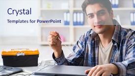  Presentation with printer machine - Amazing presentation design having scan engineer - hardware repairman repairing broken printer backdrop and a sky blue colored foreground