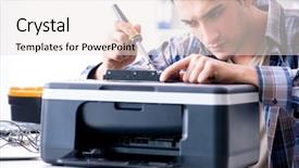  Presentation with printer machine - Slide deck featuring scan engineer - hardware repairman repairing broken printer background and a sky blue colored foreground