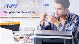  Presentation with printer machine - Presentation theme with scan engineer - hardware repairman repairing broken printer background and a sky blue colored foreground