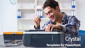  Presentation with printer machine - Amazing slide set having scan engineer - hardware repairman repairing broken printer backdrop and a ocean colored foreground