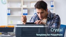  Presentation with printer machine - Beautiful PPT theme featuring scan engineer - hardware repairman repairing broken printer backdrop and a ocean colored foreground