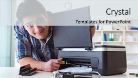  Presentation with 3d printer - Amazing PPT theme having scan engineer - repairman repairing broken color printer backdrop and a  colored foreground