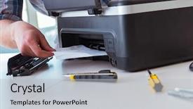  Presentation with 3d printer - Slides enhanced with scan engineer - repairman repairing broken color printer background and a light gray colored foreground
