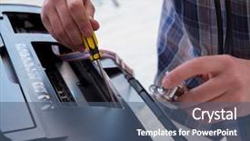  Presentation with 3d printer - Slide deck featuring scan engineer - repairman repairing broken color printer background and a  colored foreground