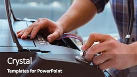  Presentation with 3d printer metal - Slide deck having scan engineer - repairman repairing broken color printer background and a wine colored foreground