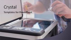  Presentation with 3d printer metal - Slide set consisting of scan engineer - repairman repairing broken color printer background and a light gray colored foreground