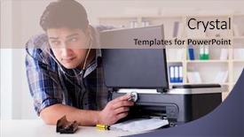  Presentation with color - Colorful slides enhanced with scan engineer - repairman repairing broken color printer backdrop and a mint green colored foreground