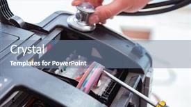  Presentation with 3d printer - Colorful PPT theme enhanced with scan engineer - repairman repairing broken color printer backdrop and a seafoam green colored foreground