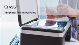  Presentation with color coklat susu - Beautiful slide deck featuring scan engineer - repairman repairing broken color printer backdrop and a sky blue colored foreground