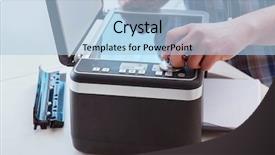  Presentation with 3d printer metal - Slide set having scan engineer - repairman repairing broken color printer background and a light blue colored foreground