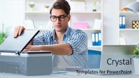  Presentation with employee working in industry - Slide set with scan paper - young man employee working background and a  colored foreground