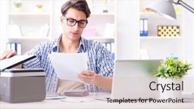  Presentation with employee working in industry - Theme having scan paper - young man employee working background and a  colored foreground