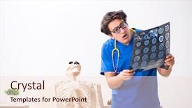  Presentation with doctor in hospital health insurance related icons healthcare person saving medical - Slides with scan x ray body human - funny doctor with skeleton background and a lemonade colored foreground