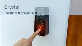  Presentation with open door - Slide deck featuring scanning-fingerprint-to-open-security background and a sky blue colored foreground